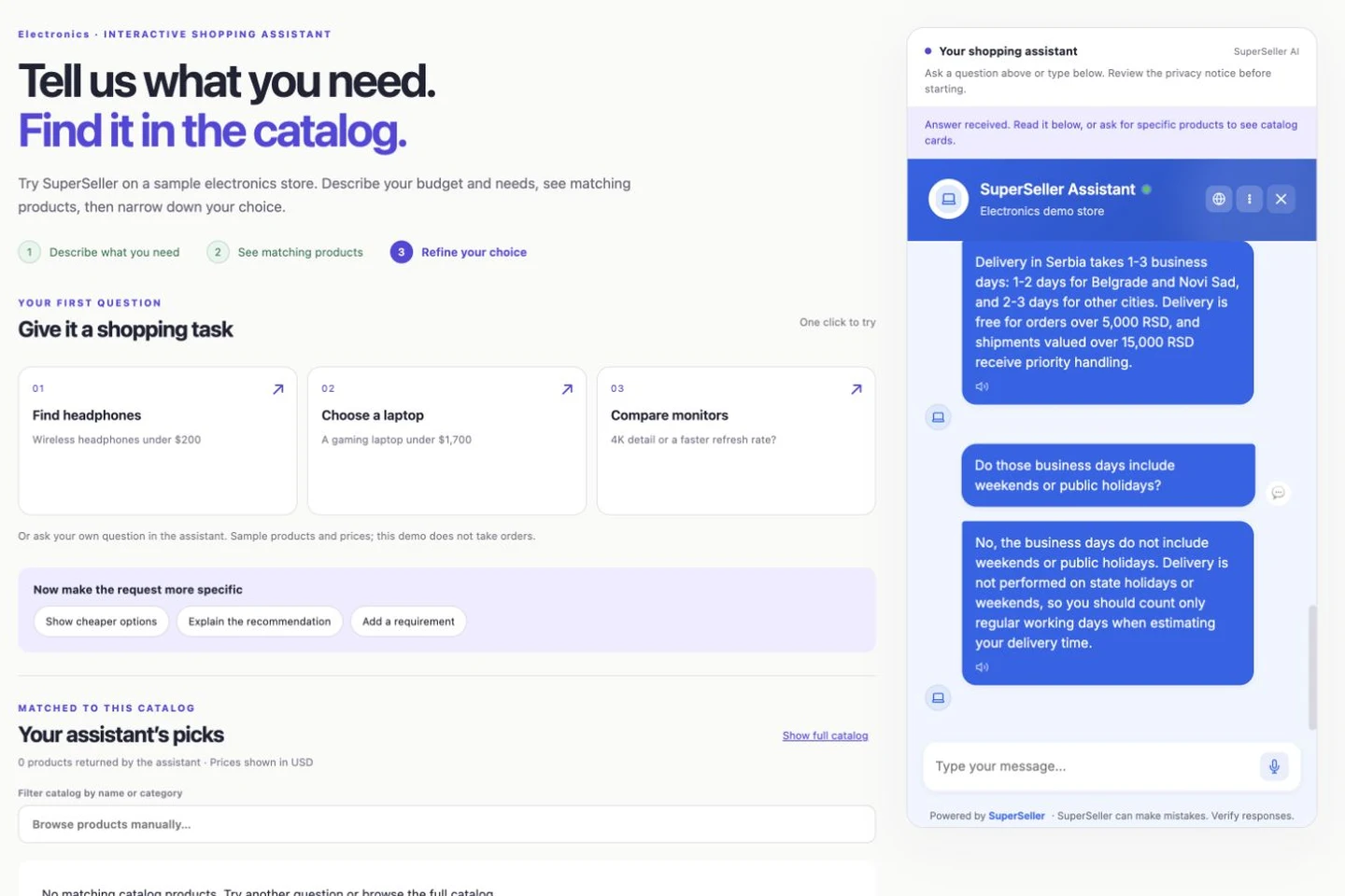 Assistant responding to a delivery question using the configured sample policy