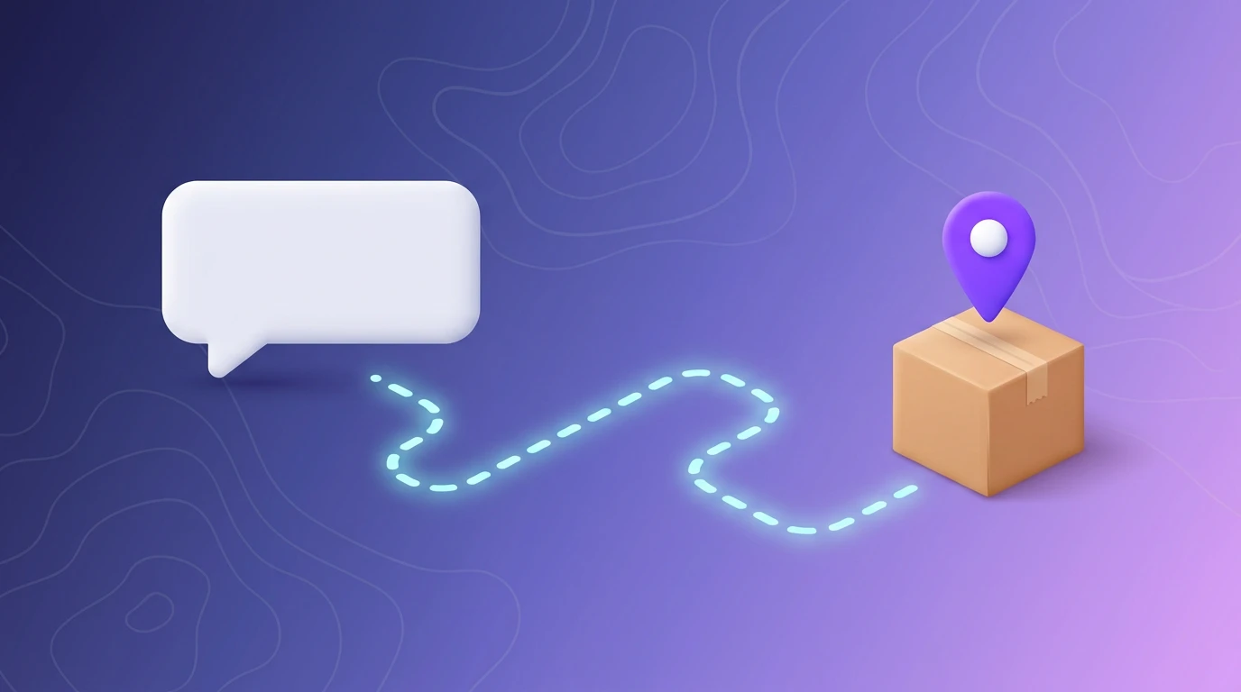 Order tracking chatbot showing a package moving along a delivery route from a chat message bubble