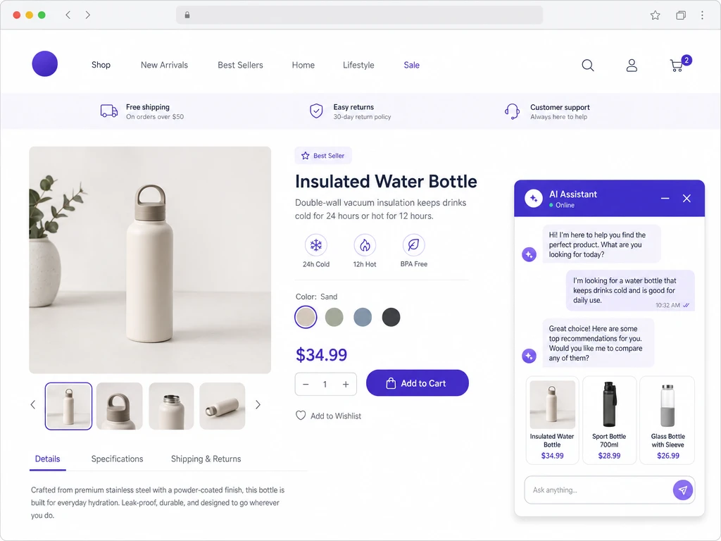 WooCommerce AI chat widget on a product page — chatbot offering product recommendations