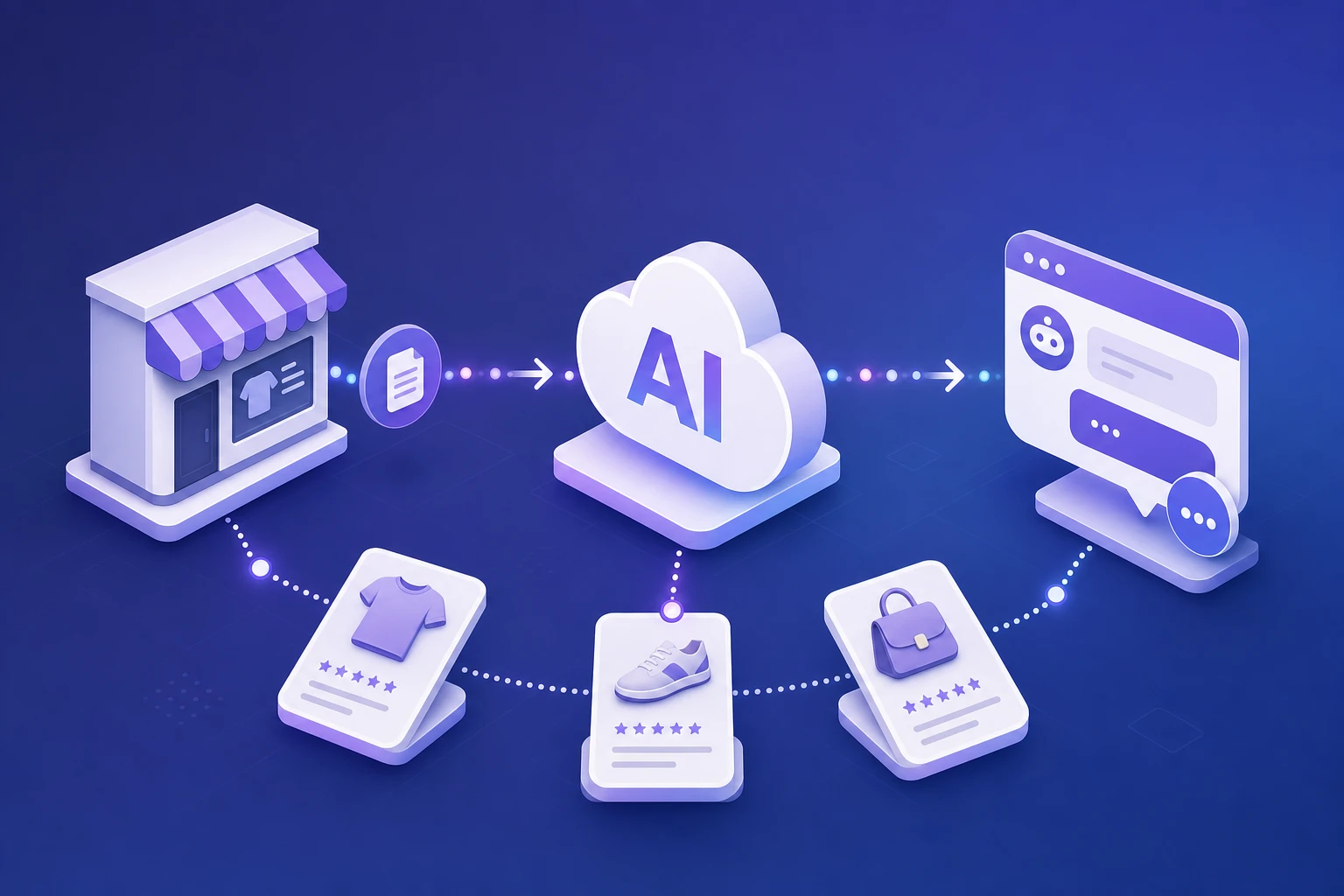 WooCommerce product sync flow — products flowing from store to AI to chat widget