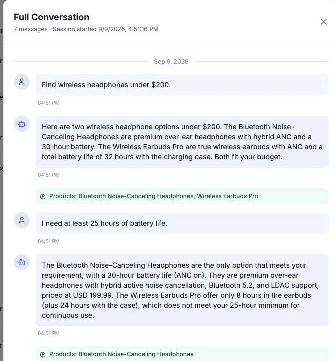 Actual conversation history from our test: headphones under $200, followed by a 25-hour battery requirement.