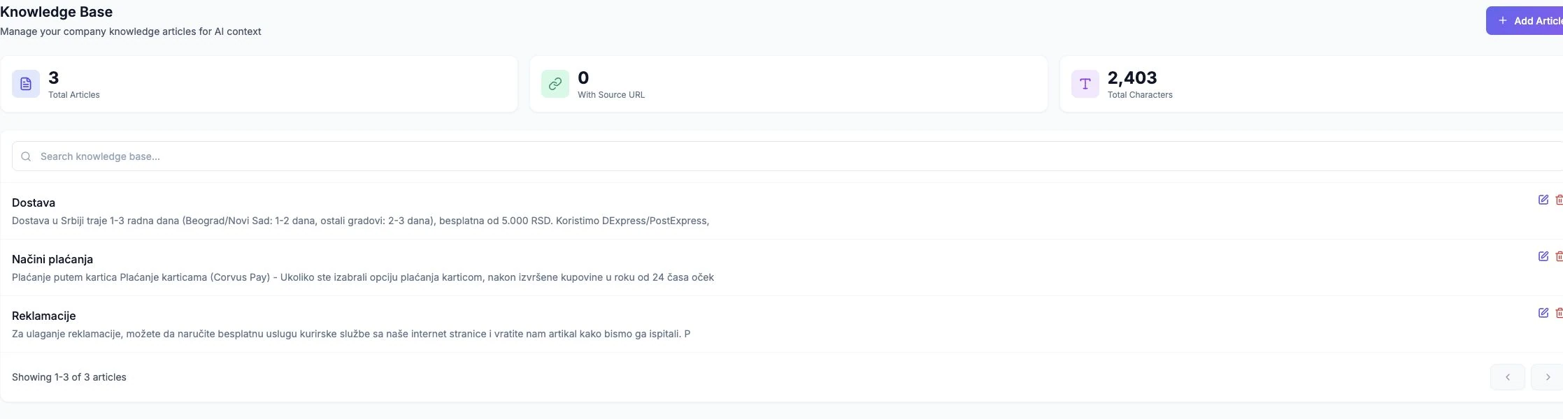 Actual Knowledge Base screen with sample shipping, payment and returns articles. The demo source articles are in Serbian.