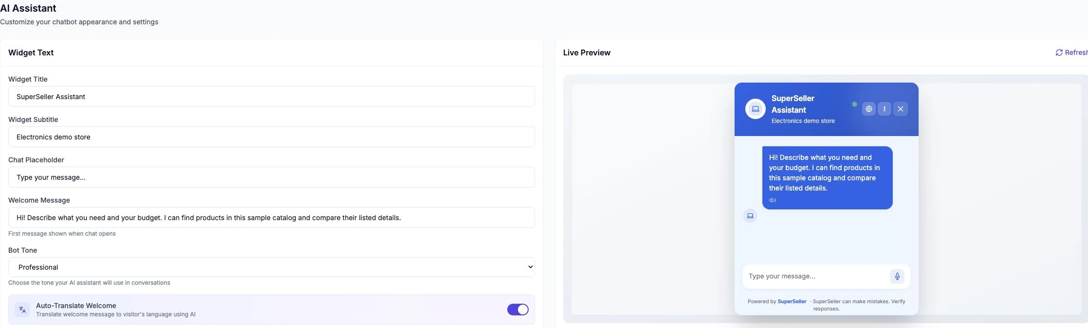 Actual AI Assistant editor: welcome text, tone, automatic translation and the live widget preview.
